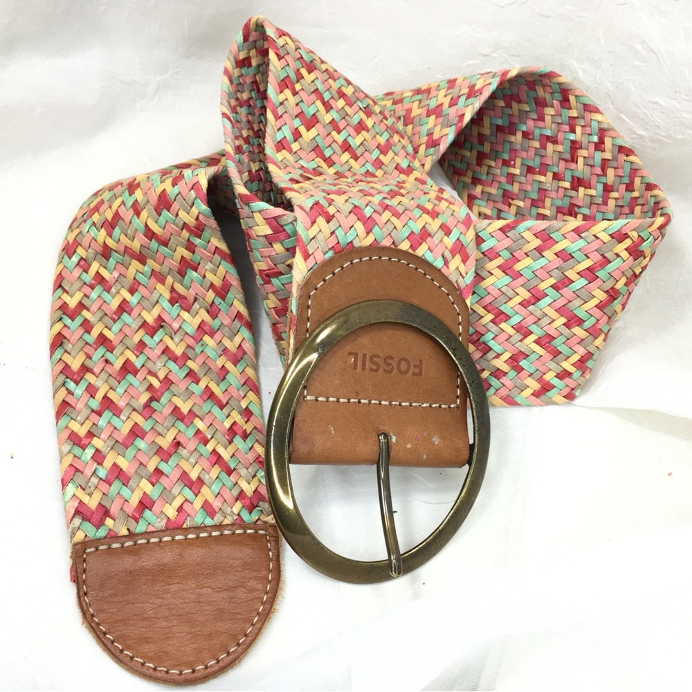 Fossil Multicolor Multi-strand Braided Belt with Tan Leather Trim -M-
